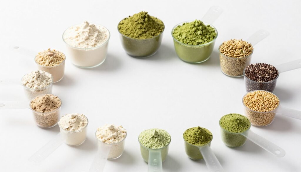 measuring scoops with protein powder and supplements