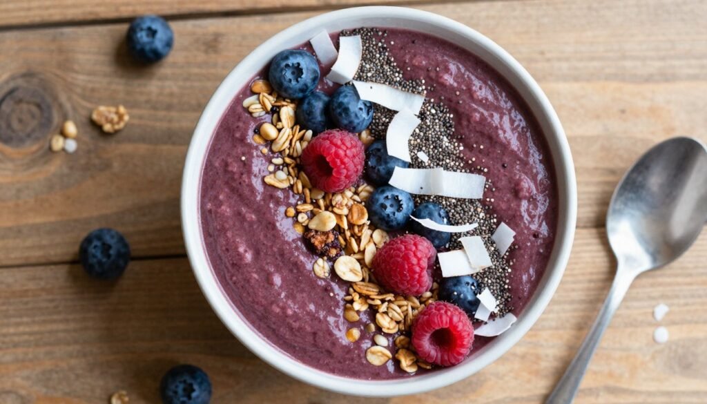 mixed berry smoothie bowl with toppings