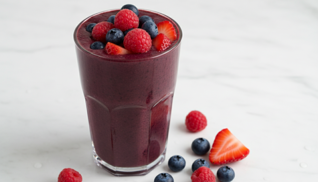 mixed berry smoothie with fresh berries on top