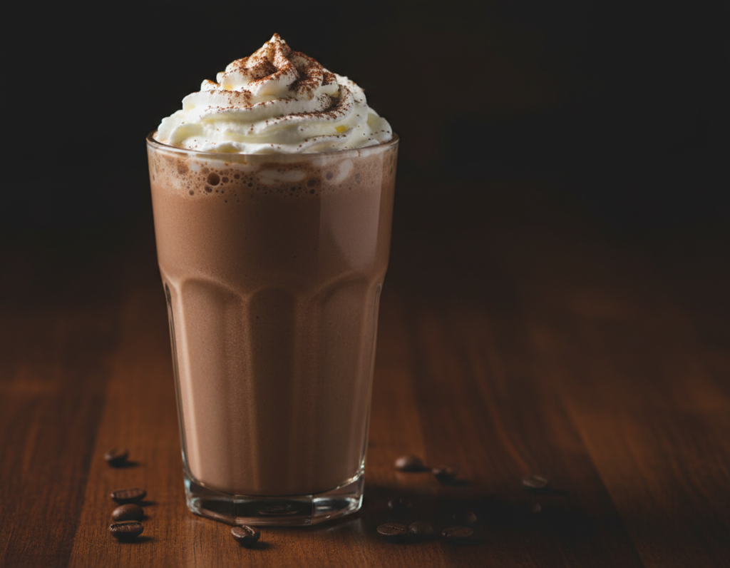 mocha coffee protein smoothie recipe in a tall glass