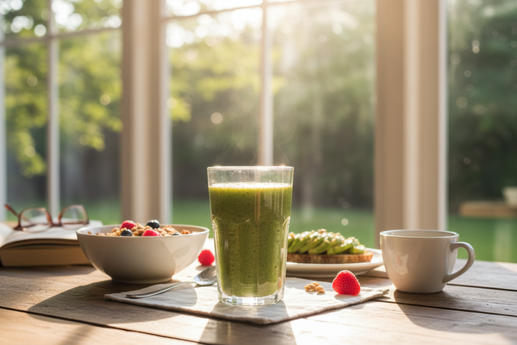 morning smoothie on breakfast table with sunrise