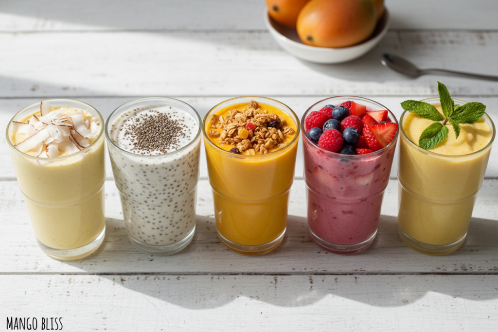 multiple glasses of mango smoothie variations with different toppings and garnishes arranged on a table