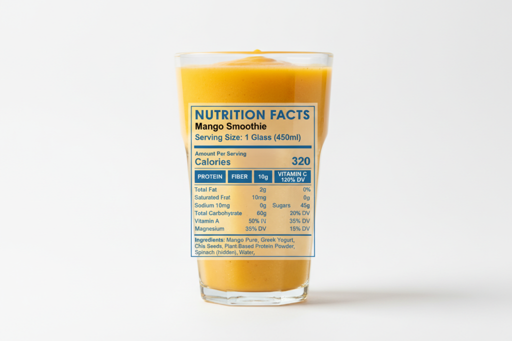 nutrition facts label overlay on mango smoothie showing macronutrients and vitamins