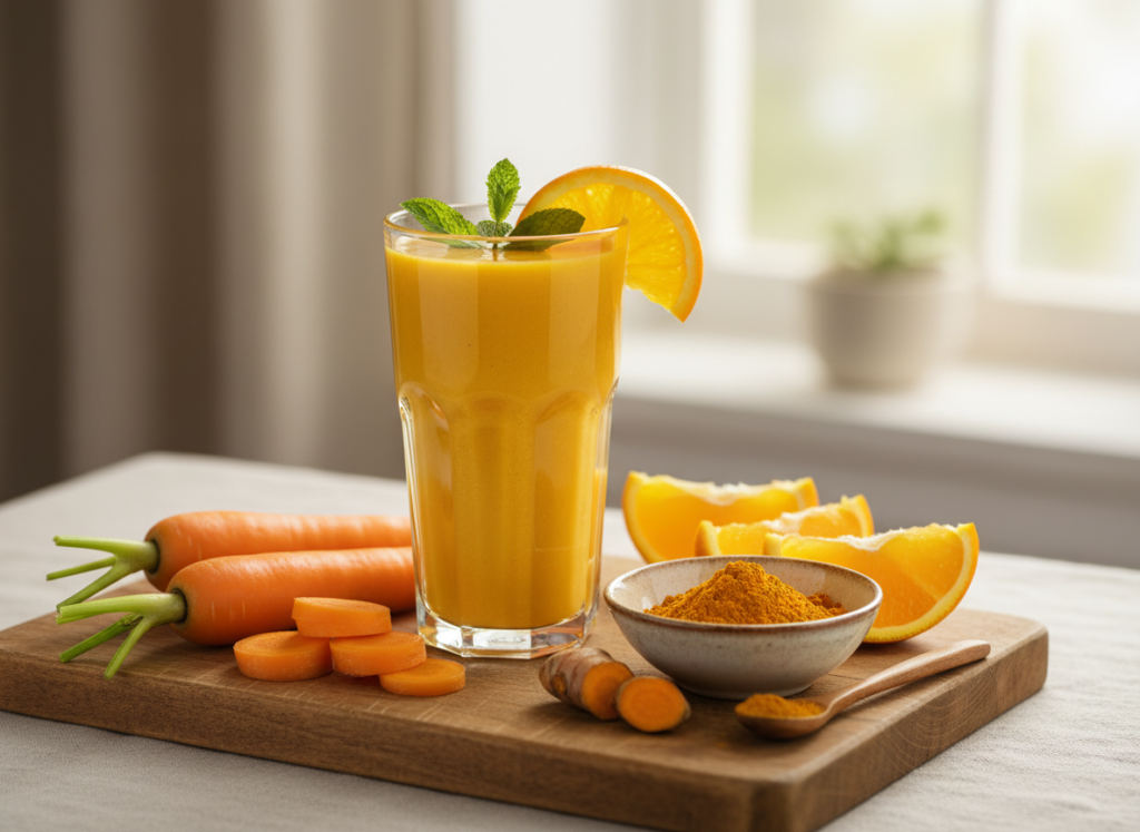 orange carrot smoothie with turmeric and ginger
