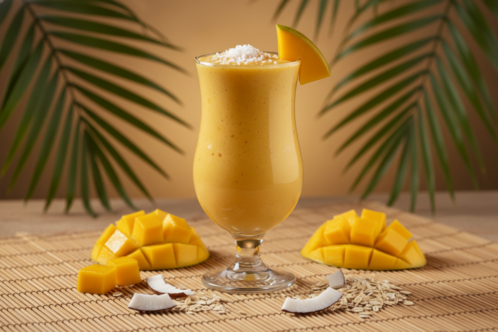 orange mango smoothie for weight losing with oats in clear glass with tropical garnish