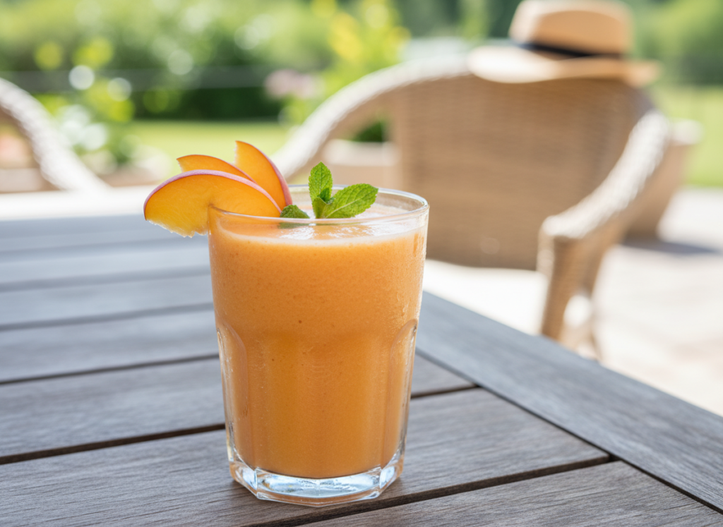 orange peach smoothie with fresh peach slices