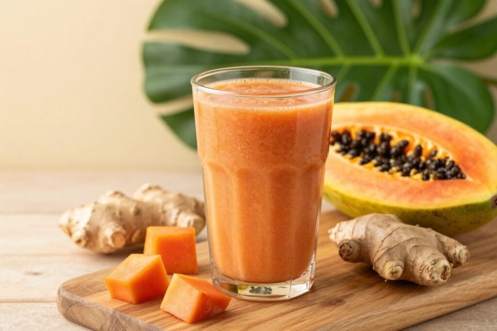 orange-pink smoothie with papaya chunks and fresh ginger root visible orange-pink smoothie with papaya chunks and fresh ginger root visible