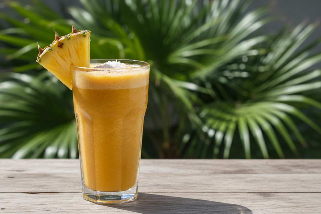 orange tropical smoothie with pineapple wedge garnish