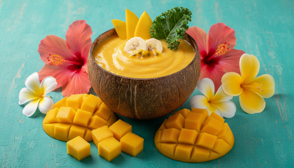 orange-yellow mango smoothie with tropical garnish