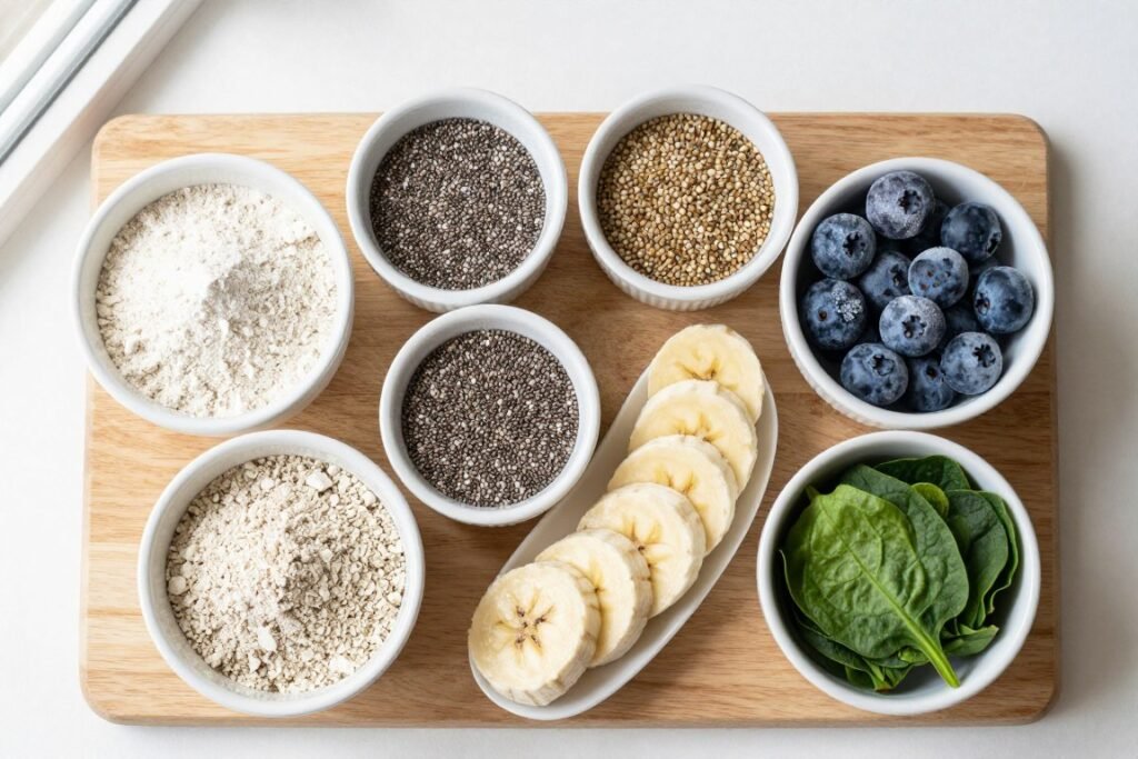 organized display of smoothie ingredients in small bowls including protein powder chia seeds and fresh berries organized display of smoothie ingredients in small bowls including protein powder chia seeds and fresh berries