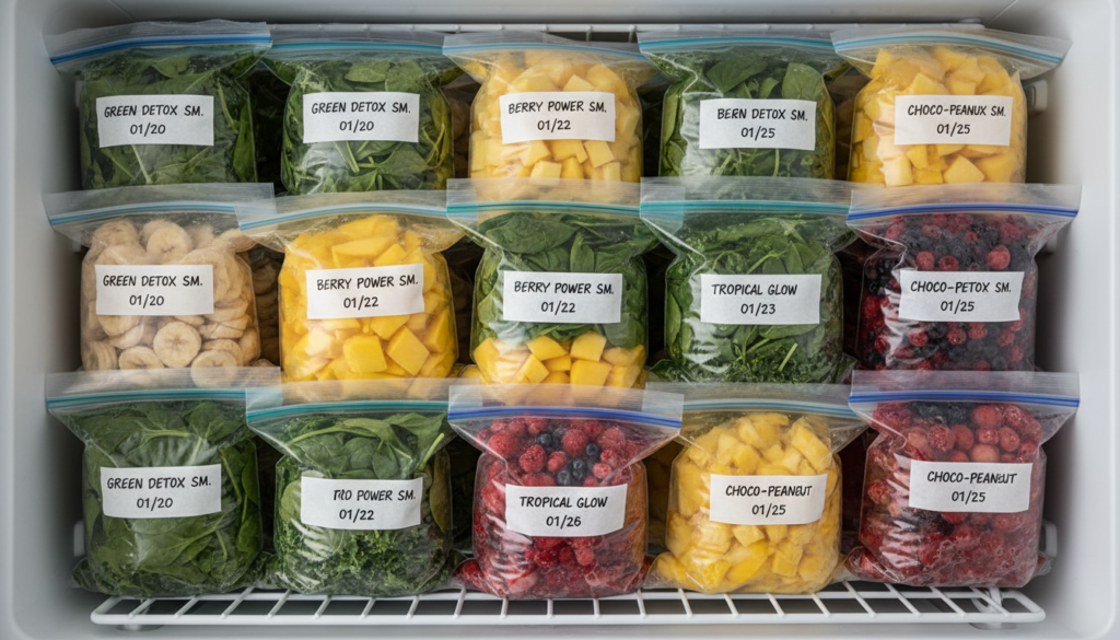 organized freezer bags with pre-portioned smoothie ingredients labeled by recipe organized freezer bags with pre-portioned smoothie ingredients labeled by recipe