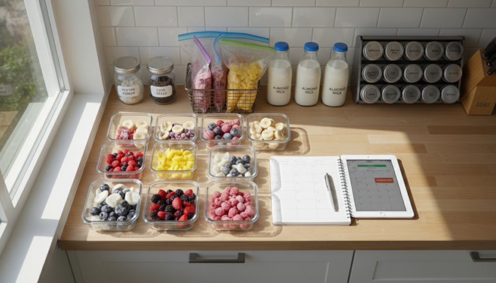 organized kitchen counter with pre-portioned smoothie ingredients in containers ready for the week