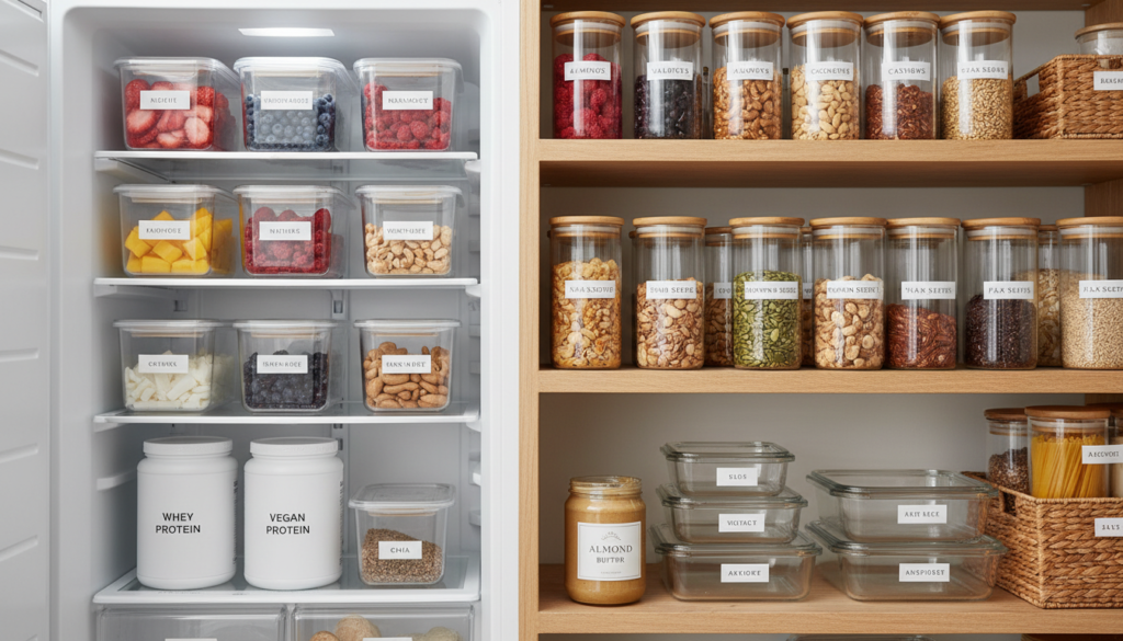 organized pantry with smoothie ingredients and frozen fruits