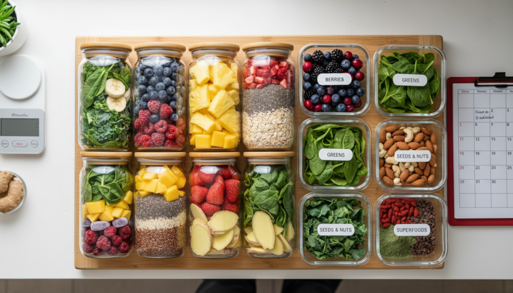 organized smoothie prep station with ingredients in containers