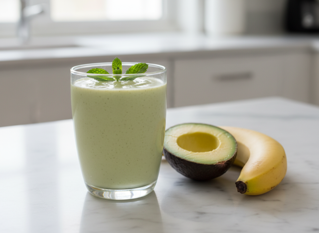pale green avocado banana smoothie showing creamy consistency