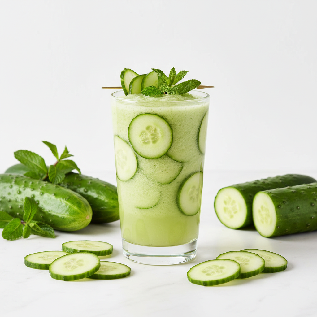 pale green cucumber smoothie with mint leaves