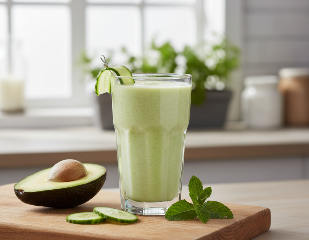 pale green smoothie with avocado and cucumber