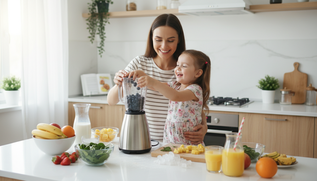 parent and child making smoothies together in kitchen