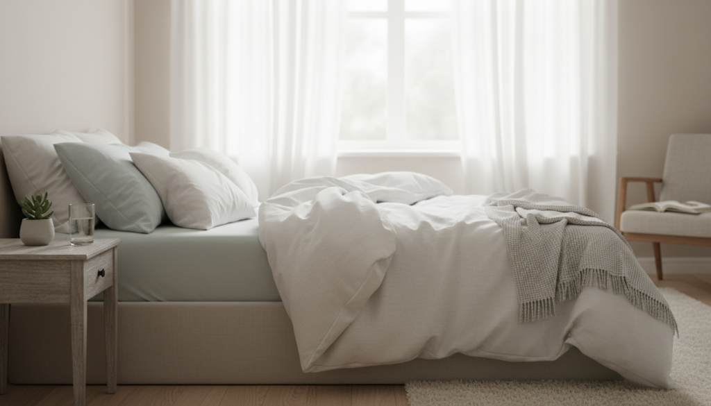 peaceful bedroom scene representing quality sleep for skin health