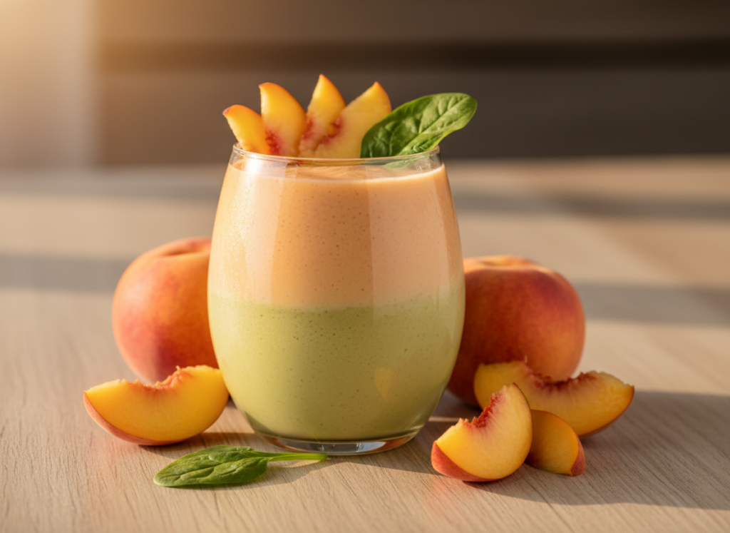 peach green smoothie with fresh peach slices and spinach garnish peach green smoothie with fresh peach slices and spinach garnish