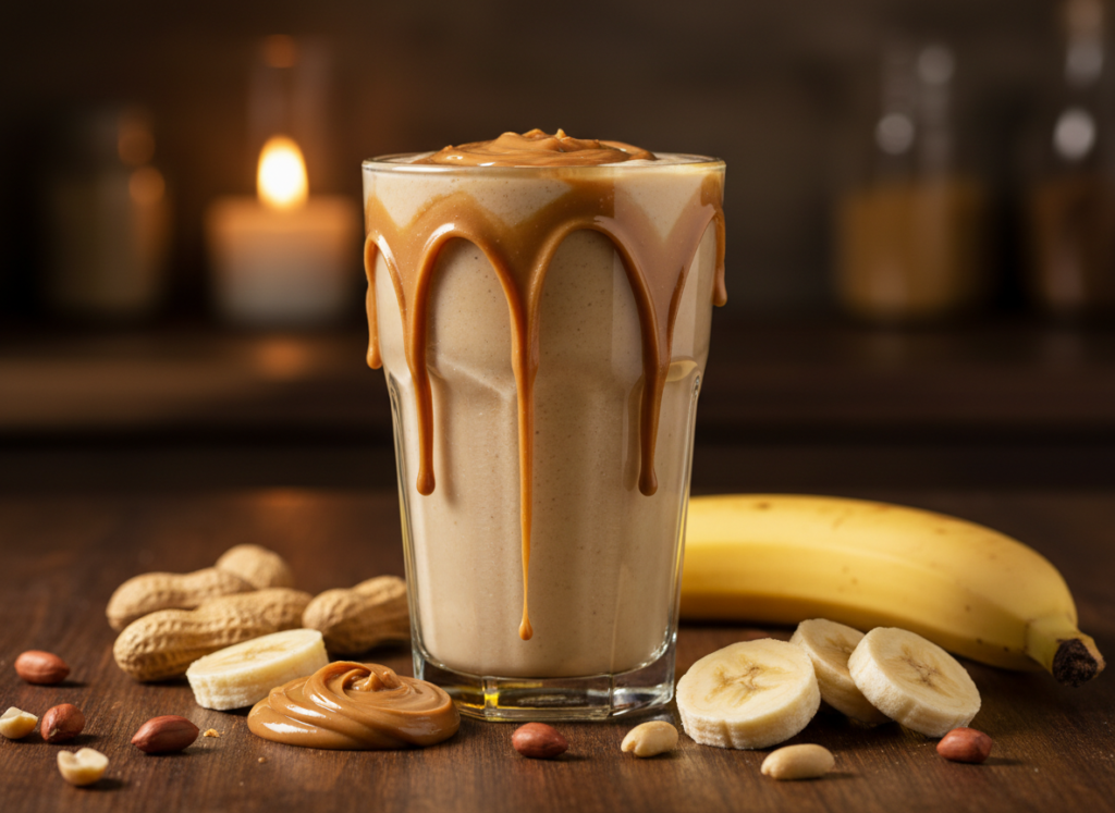 peanut butter banana smoothie with peanuts scattered around glass