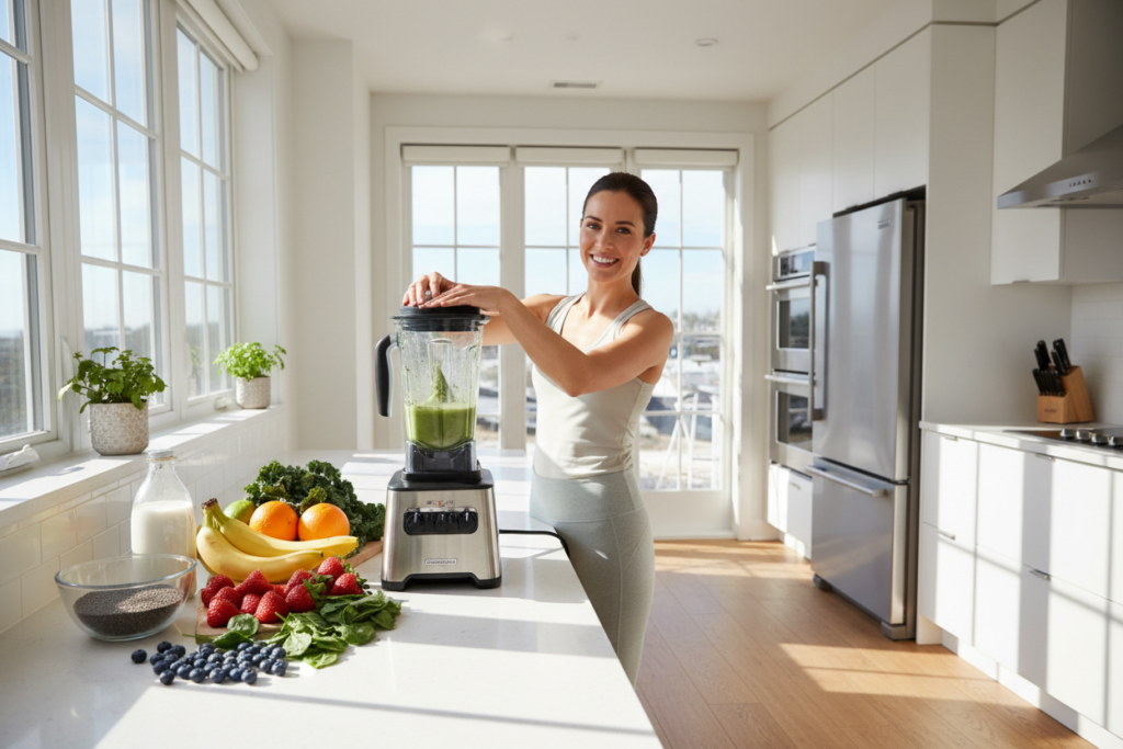 person blending healthy smoothie in modern kitchen