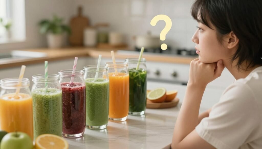 person contemplating smoothie ingredients with question mark graphic overlay person contemplating smoothie ingredients with question mark graphic overlay