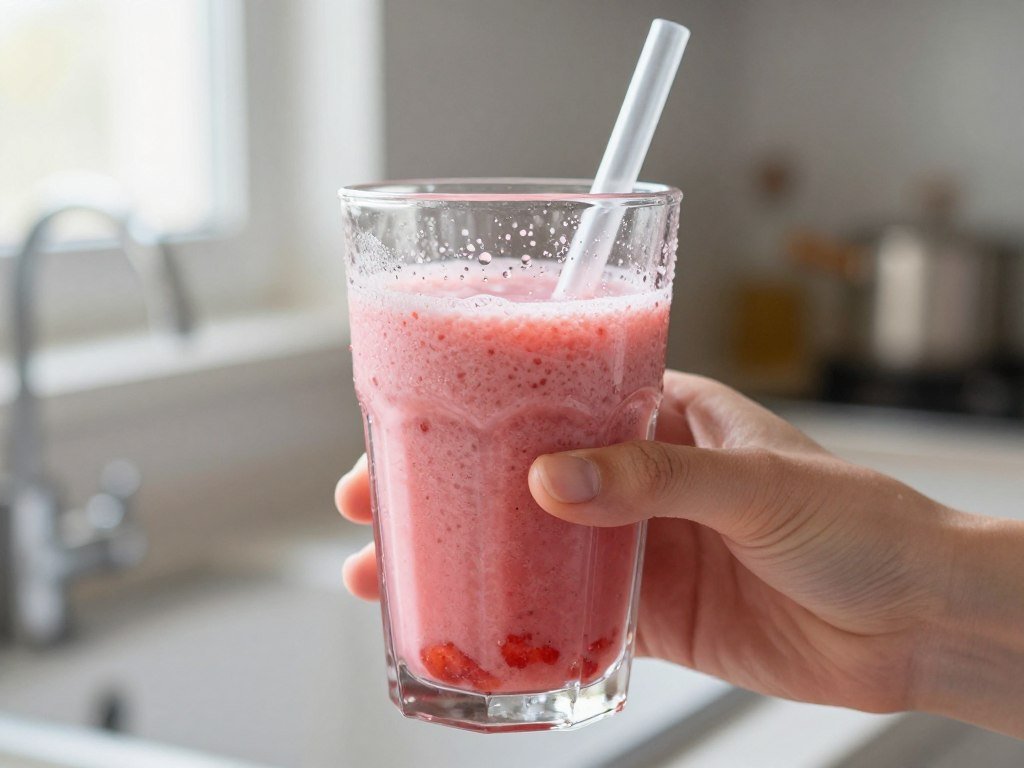person drinking healthy fruit smoothie from glass showing vibrant pink color person drinking healthy fruit smoothie from glass showing vibrant pink color