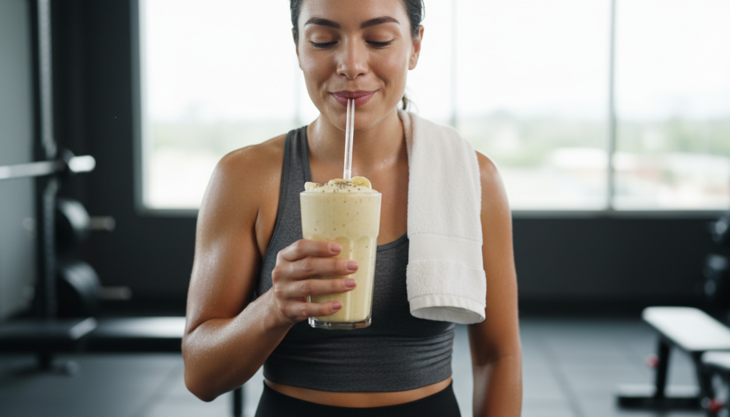 person enjoying high protein banana smoothie after workout