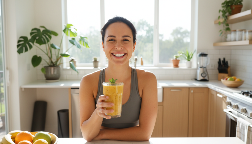 person enjoying mango smoothie with confident smile showing healthy lifestyle satisfaction