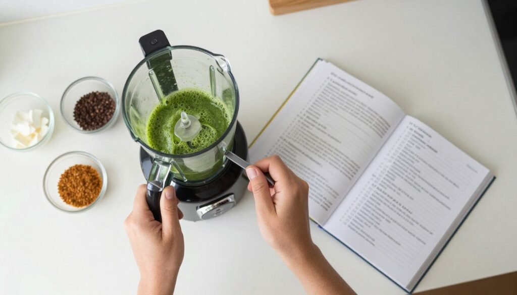 person preparing protein smoothie and reading recipe person preparing protein smoothie and reading recipe