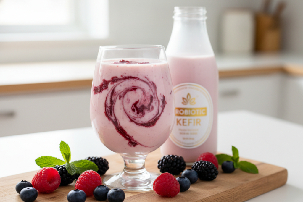 pink kefir smoothie with berry swirl pattern