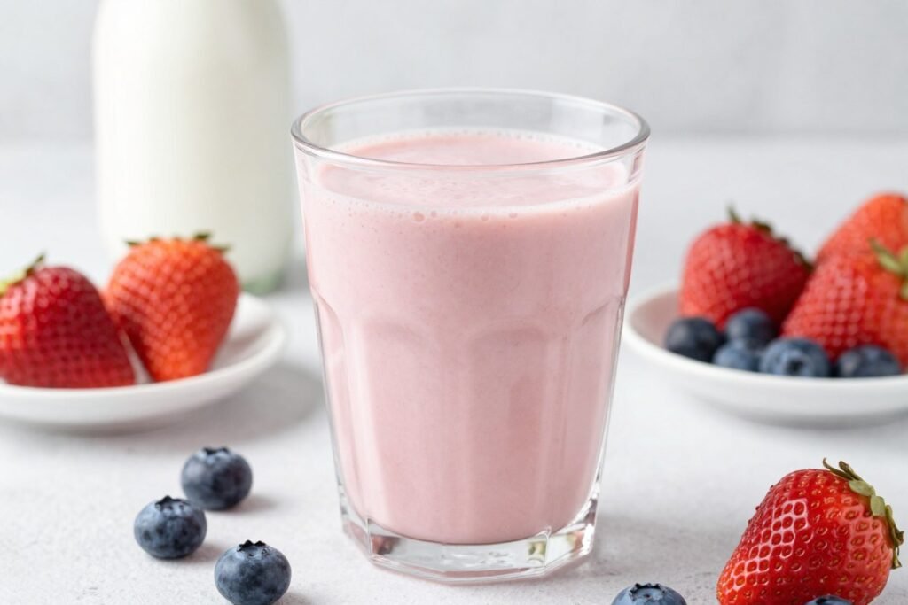 pink smoothie with kefir bottle and fresh berries arranged beside it pink smoothie with kefir bottle and fresh berries arranged beside it