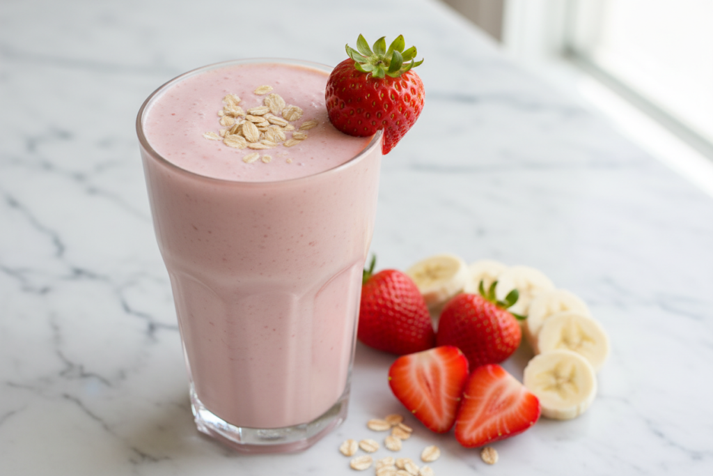 pink strawberry banana smoothie for weight losing with oats in a tall glass with fresh strawberries