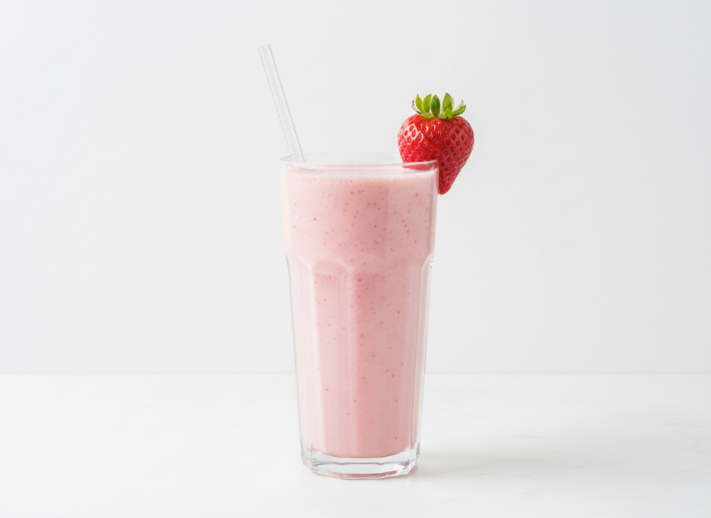 pink strawberry banana smoothie with fresh strawberry garnish