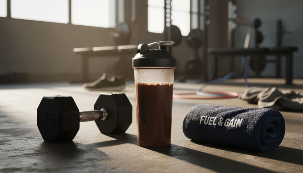 post workout protein smoothie with dumbbells