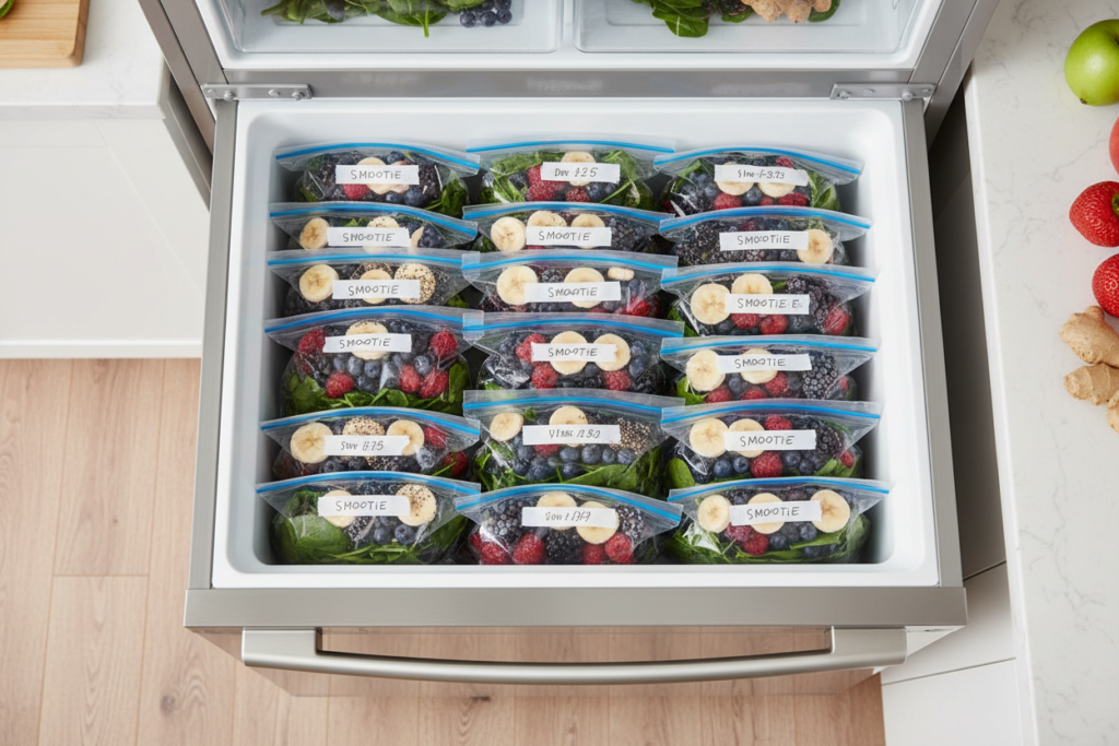 pre-portioned frozen smoothie ingredients in freezer bags