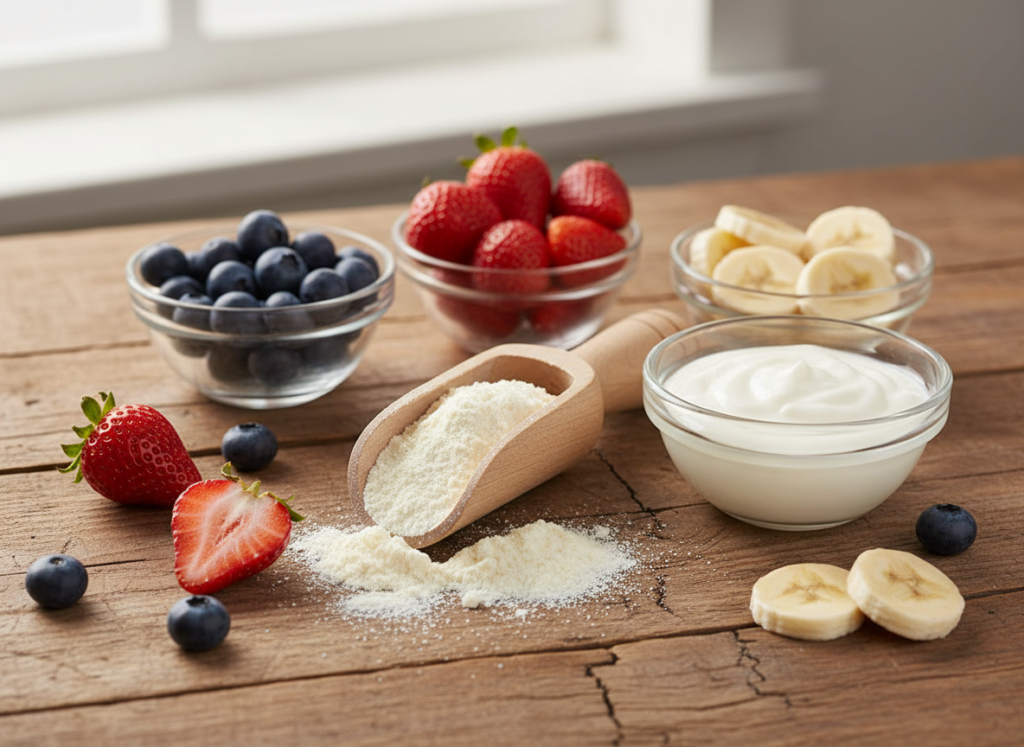 protein powder scoop with fresh fruits for high protein smoothie