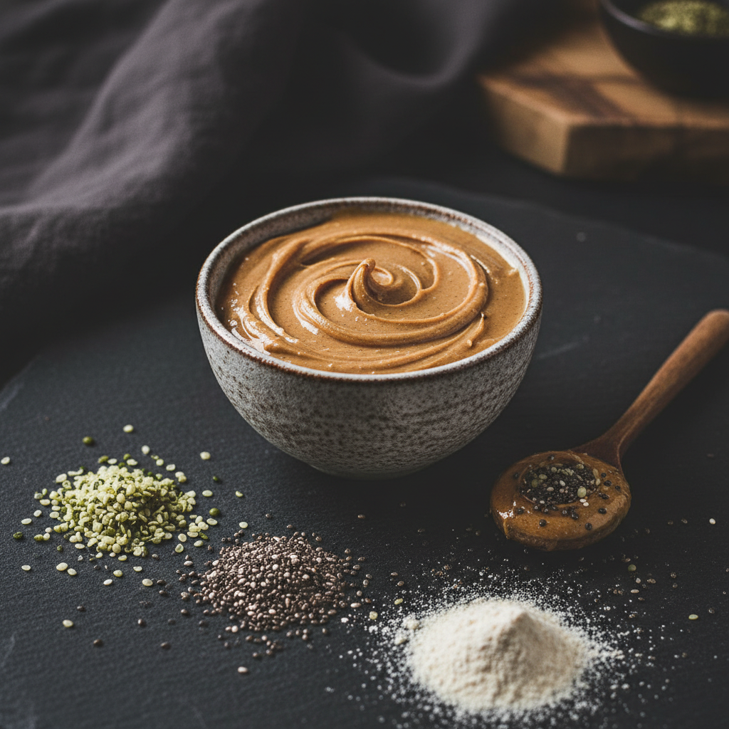 protein-rich smoothie ingredients including nut butter and seeds