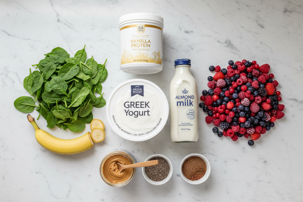protein smoothie ingredients including Greek yogurt and almond milk