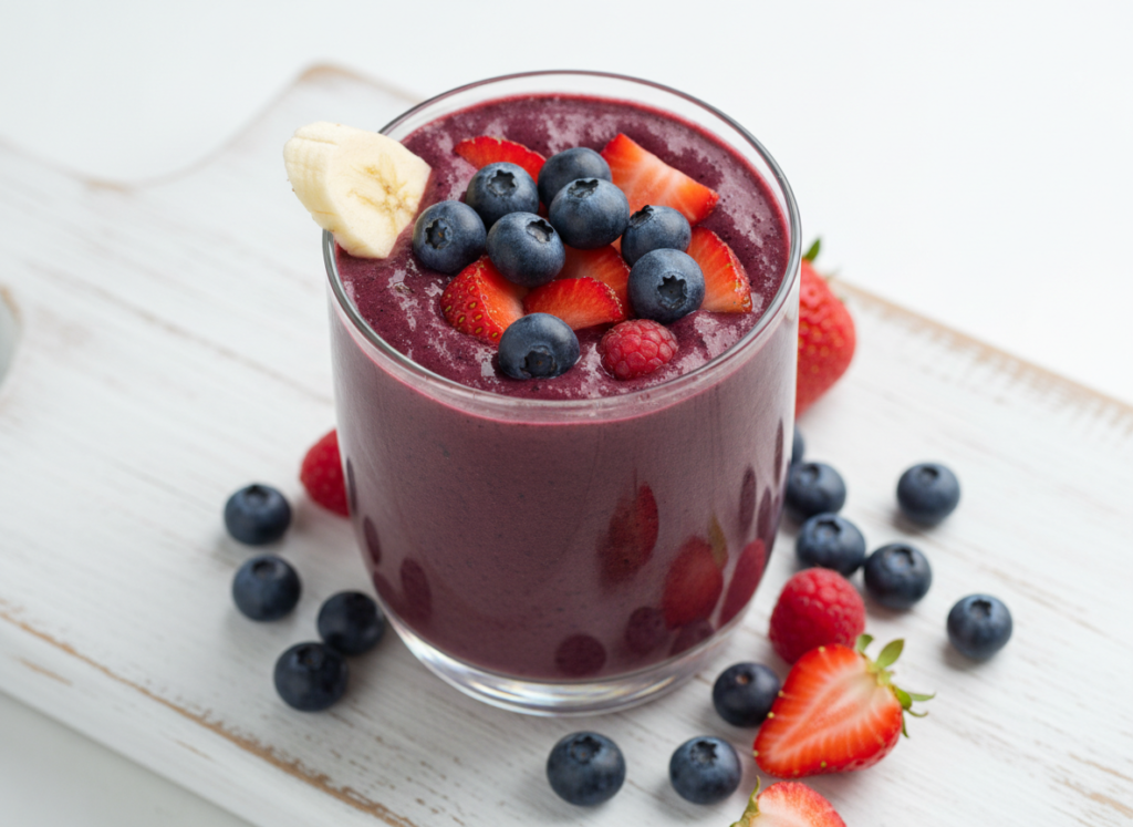 purple berry banana smoothie topped with fresh berries