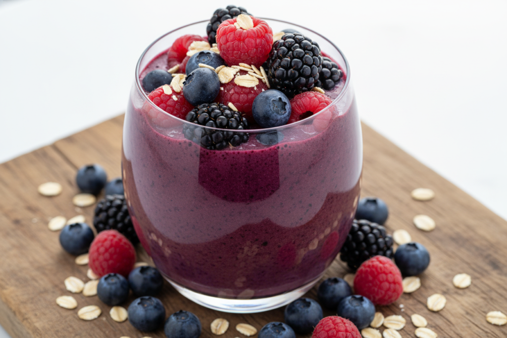 purple berry oats smoothie for weight loss topped with mixed berries and oats