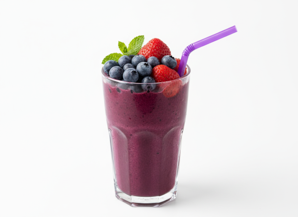 purple berry smoothie in a glass with fresh berries on top