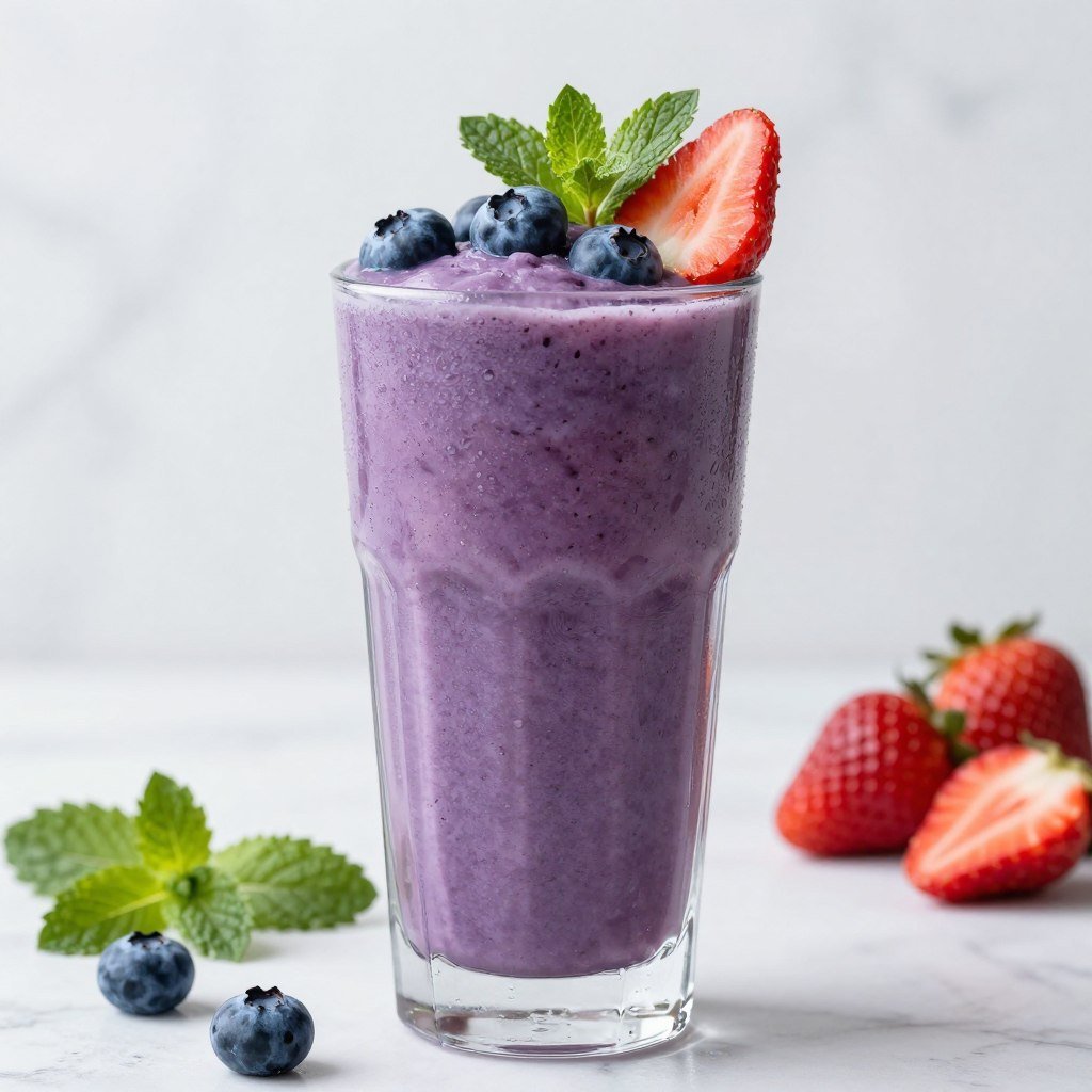 purple berry smoothie in clear glass with fresh blueberries and strawberries garnish purple berry smoothie in clear glass with fresh blueberries and strawberries garnish