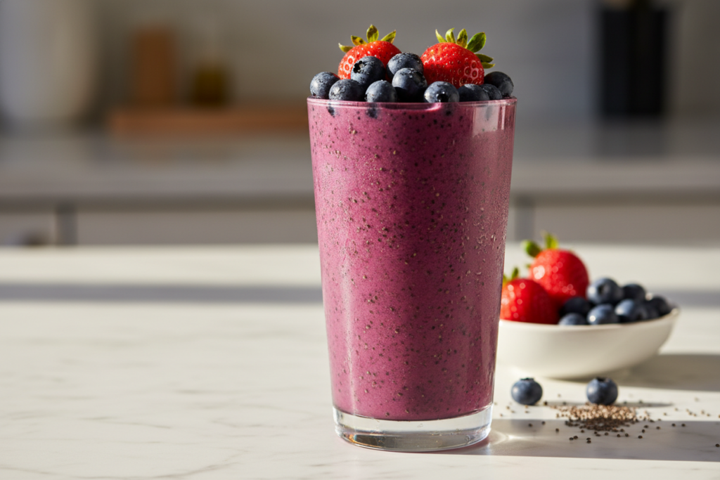 purple berry smoothie in glass with fresh berries on top