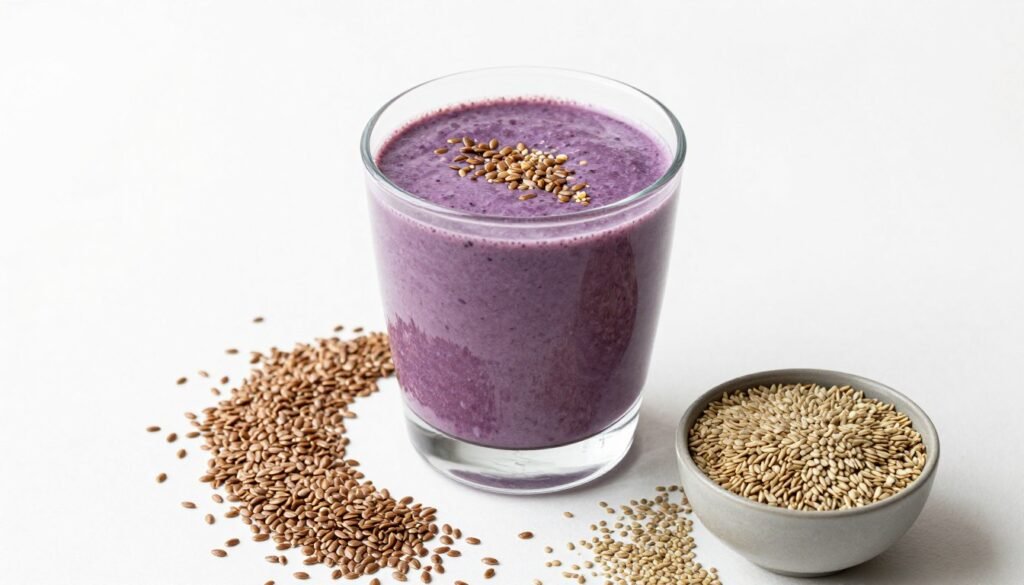 purple berry smoothie with flax seeds and hemp hearts sprinkled on top purple berry smoothie with flax seeds and hemp hearts sprinkled on top