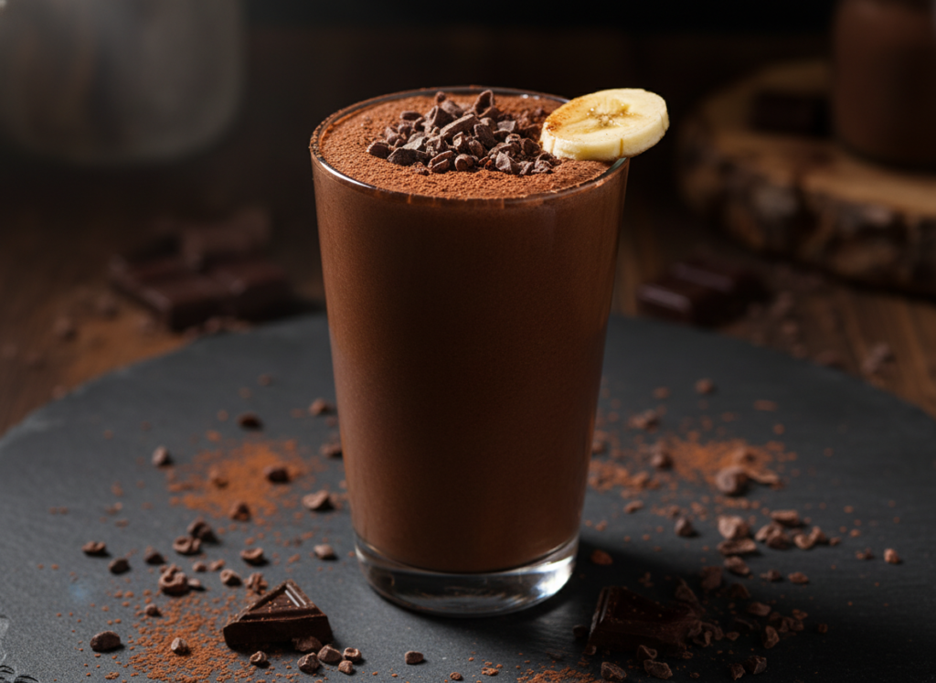 rich chocolate banana smoothie with cocoa powder dusting