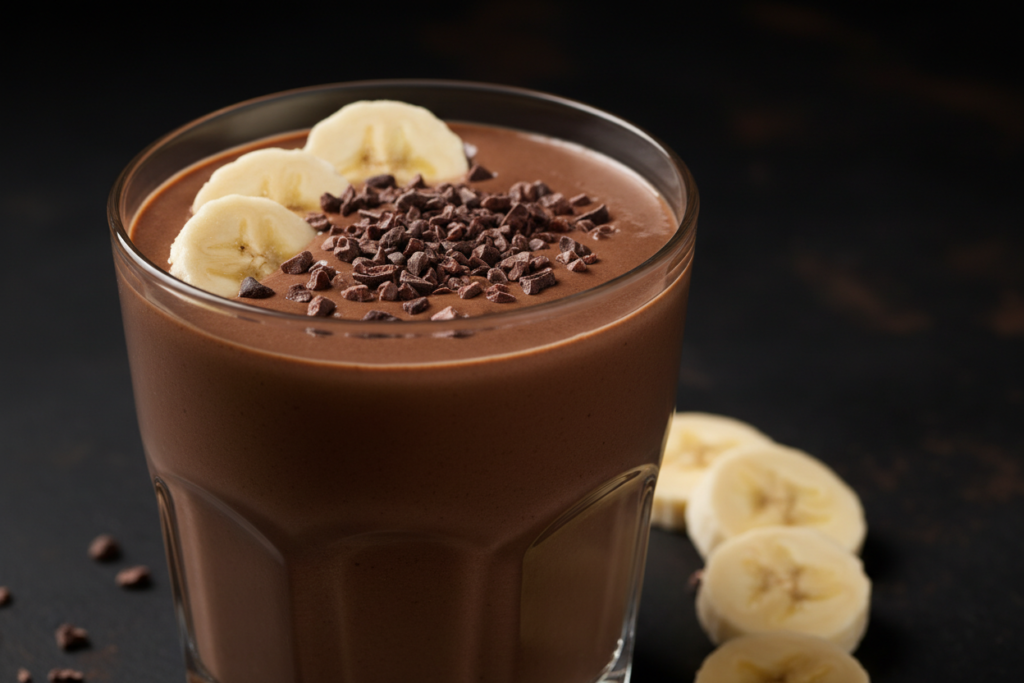 rich chocolate smoothie topped with cacao nibs