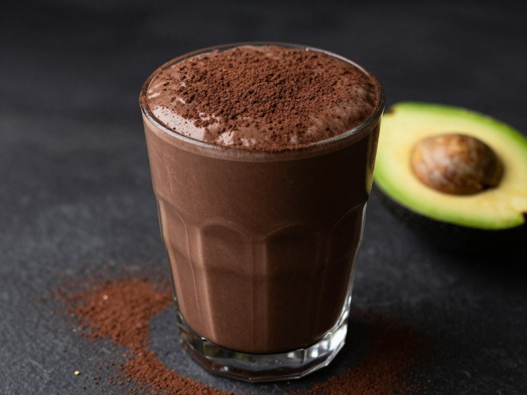 rich chocolate smoothie with cocoa powder dusting and avocado slice garnish rich chocolate smoothie with cocoa powder dusting and avocado slice garnish