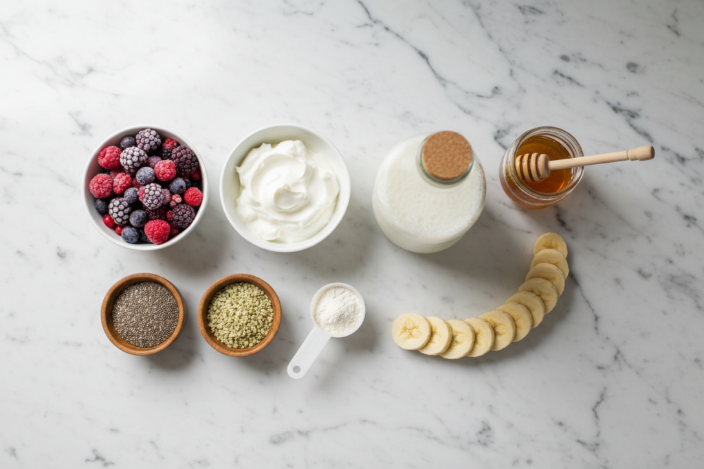 smoothie ingredients including frozen fruit, yogurt, milk, and seeds arranged on counter
